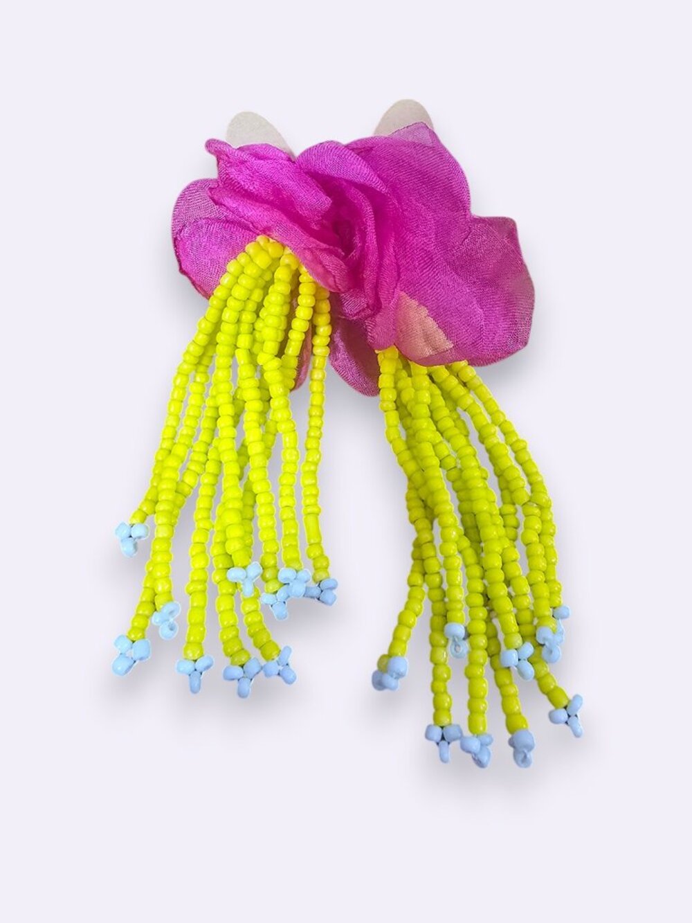 Fuchsia Pink Fabric Flower Statement Clip Chartreuse Green Seed Bead Tassels